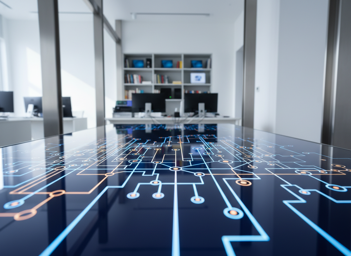 A sleek, interconnected network of glowing lines and nodes etched into a glossy, deep navy glass table, forming the abstract outline of a diverse city skyline. The table sits in a minimalist, modern office with clean white walls and brushed steel accents, illuminated by soft, diffused daylight from a large unseen window. Gentle reflections shimmer across the glass surface, while the background softly blurs into subtle shapes of bookshelves and technology. Shot at eye level with a slight angle, using shallow depth of field to emphasize the luminous connections. The mood is professional, hopeful, and forward-looking, with photographic realism and a clean, modern aesthetic that symbolizes community networking and shared opportunities without depicting any people.