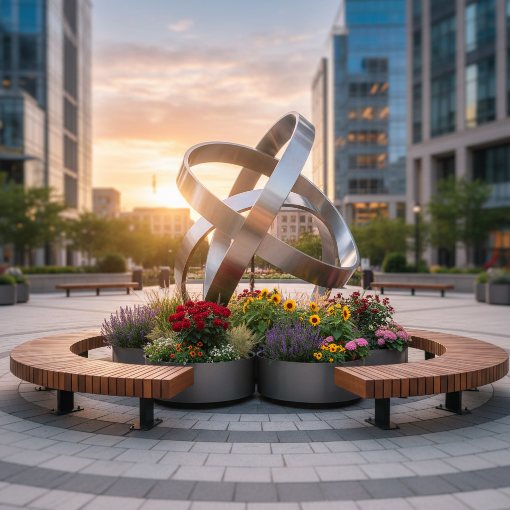 An outdoor community plaza at dawn, entirely devoid of people, featuring a circular arrangement of benches surrounding a central sculpture of interlocking stainless-steel rings. The metal surfaces catch the first soft, golden sunlight, producing subtle gradients and reflections. Around the sculpture, small planters with diverse, colorful flowers and low shrubs add organic texture. Modern buildings with glass facades rise in the softly blurred background, reflecting the pastel sky. Captured from a low, wide-angle perspective, the image emphasizes openness and possibility. The mood is calm, aspirational, and welcoming, rendered in photographic realism with a clean, professional style to represent shared public spaces where cultures and opportunities converge without depicting any individuals.