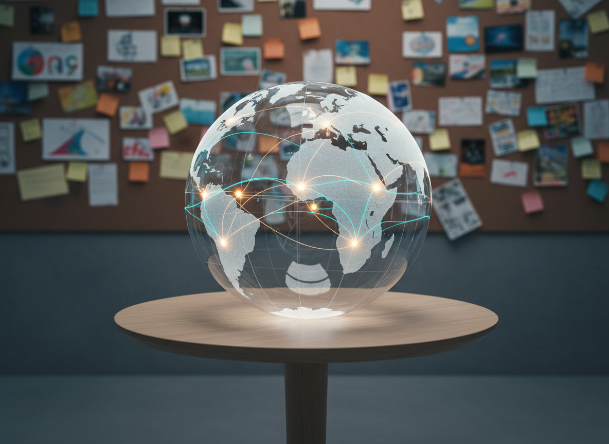 A large, transparent acrylic globe etched with delicate outlines of continents, resting on a smooth, light-wood pedestal table. Thin, illuminated pathways in soft cyan and amber wrap around the globe, converging at small glowing hubs that represent connected communities. Behind it, a wall of neatly organized corkboards and pinned colorful notes forms a subtle, defocused backdrop. Cool, even studio lighting creates precise highlights on the globe’s curved surface and gentle shadows on the tabletop. Captured from a slightly elevated three-quarter angle, the composition follows the rule of thirds to keep the globe dominant. The mood is professional, inclusive, and optimistic, rendered in photographic realism to convey global community connections and shared cultural opportunities without using any human figures.