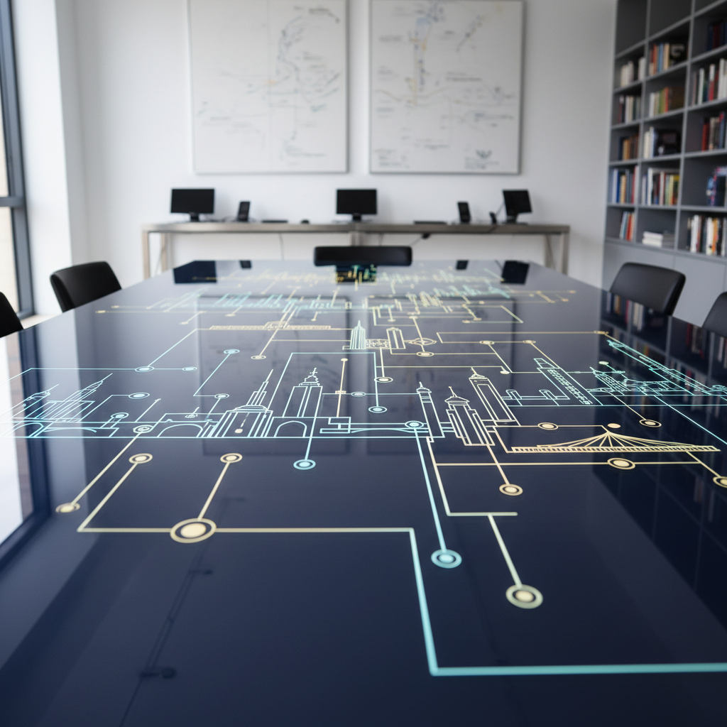 A sleek, interconnected network of glowing lines and nodes etched into a glossy, deep navy glass table, forming the abstract outline of a diverse city skyline. The table sits in a minimalist, modern office with clean white walls and brushed steel accents, illuminated by soft, diffused daylight from a large unseen window. Gentle reflections shimmer across the glass surface, while the background softly blurs into subtle shapes of bookshelves and technology. Shot at eye level with a slight angle, using shallow depth of field to emphasize the luminous connections. The mood is professional, hopeful, and forward-looking, with photographic realism and a clean, modern aesthetic that symbolizes community networking and shared opportunities without depicting any people.