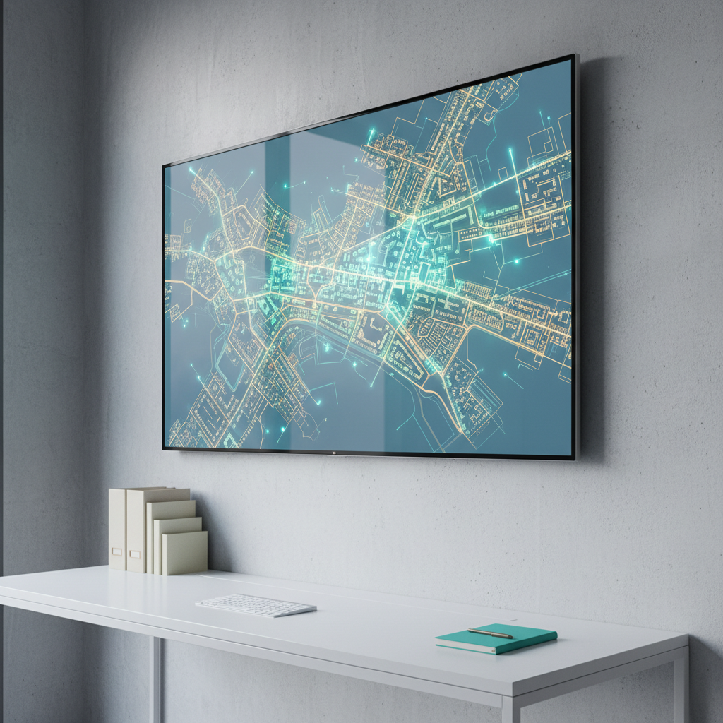 A modern digital networking hub scene featuring a large, ultra-thin bezel display mounted on a light concrete wall, showing an abstract, high-resolution map of interconnected neighborhoods in soft blues, greens, and golds. Below, a minimalist white desk holds only a slim keyboard, a small stack of neatly aligned folders, and a single, vibrant teal notebook. The room is lit by cool, diffused daylight streaming through an unseen window, creating soft reflections on the screen and a gentle shadow under the desk. Shot from a slightly low, three-quarter angle, the composition emphasizes the screen as a gateway to opportunity. The mood is dynamic yet orderly, with photographic realism and a clean, professional aesthetic highlighting the digital side of community networking.
