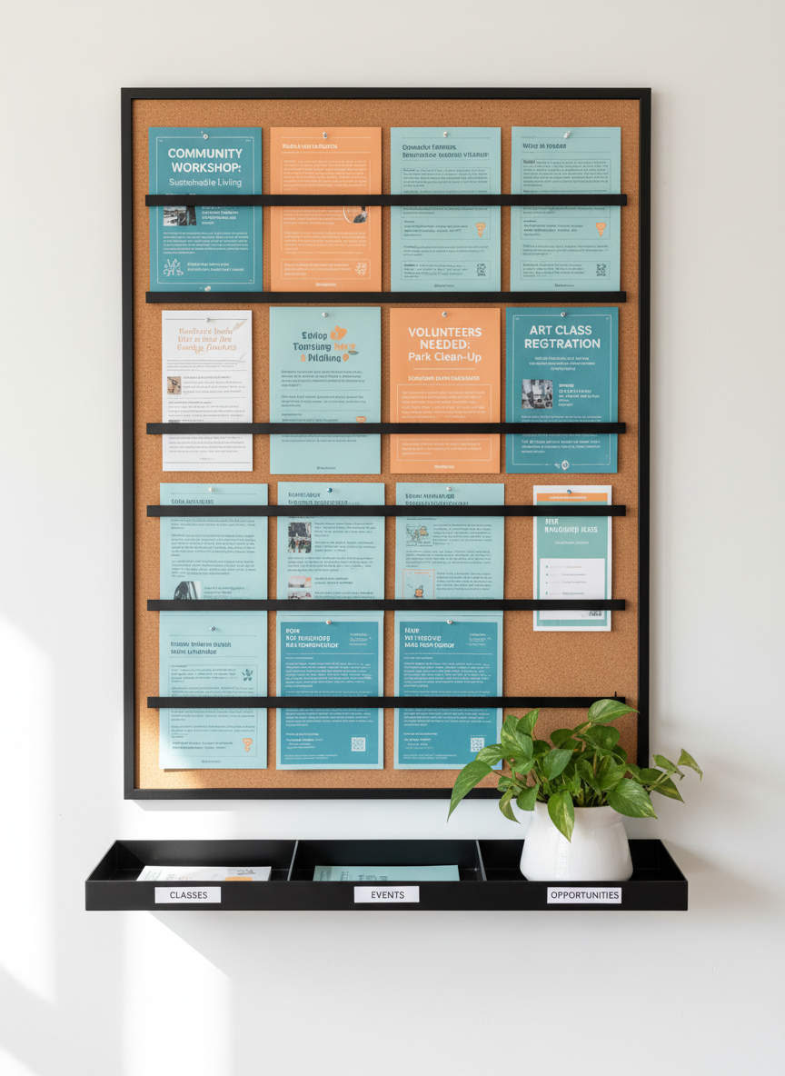 An inviting community notice board made from warm, honey-toned cork, framed in matte black metal, mounted on a clean white wall. The board is meticulously filled with color-coordinated flyers, event cards, and opportunity announcements in blues, teals, and soft oranges, all carefully pinned and aligned to appear curated rather than chaotic. A slim, matte-black shelf beneath holds a tidy row of labeled document trays and a small leafy plant in a white ceramic pot. Soft natural light from the left creates gentle gradients across the paper textures and a calm, welcoming atmosphere. Captured at eye level with moderate depth of field, the image feels organized and accessible, rendered in photographic realism to represent structured community information sharing without any people.