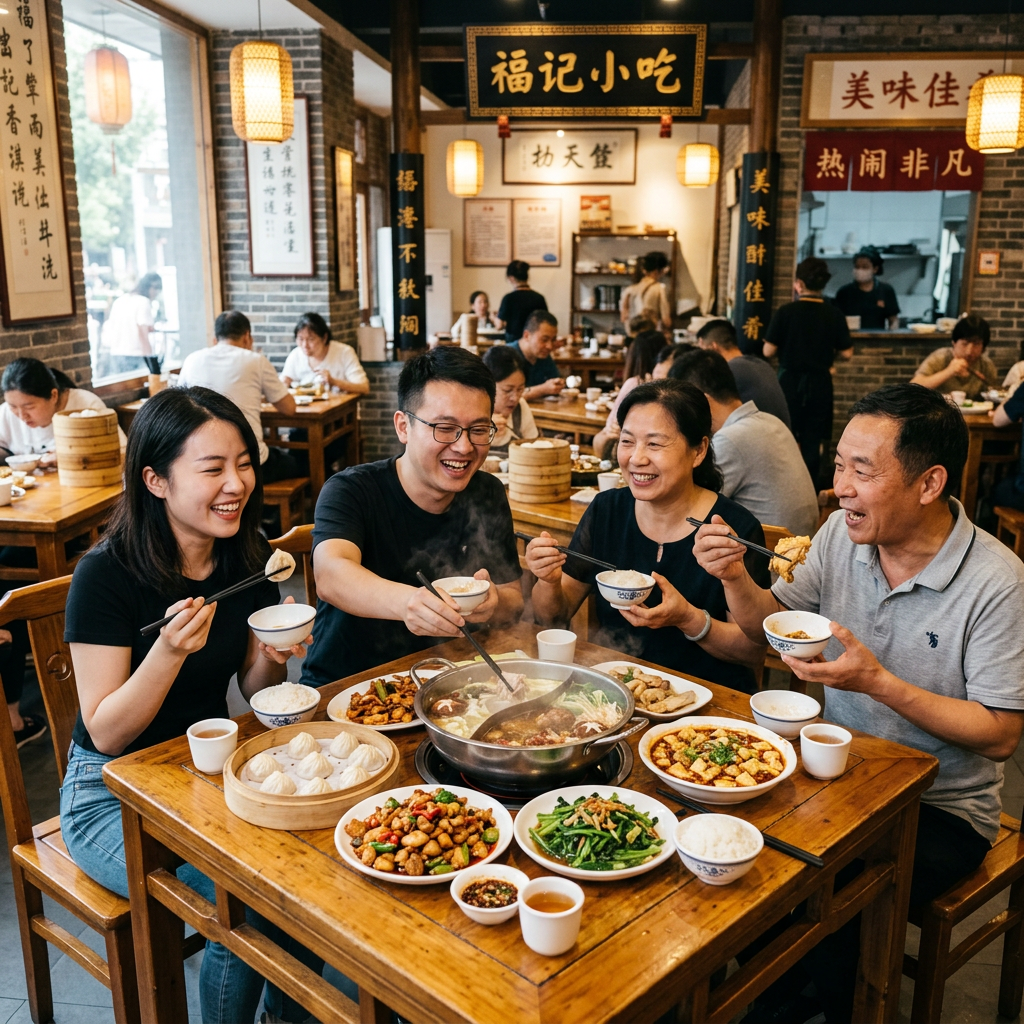 Family eating traditional Chinese hot pot meal with various dishes and laughing