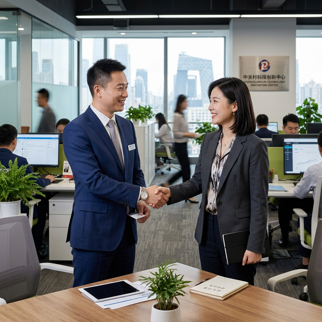 Two business professionals smiling and shaking hands in a contemporary office
