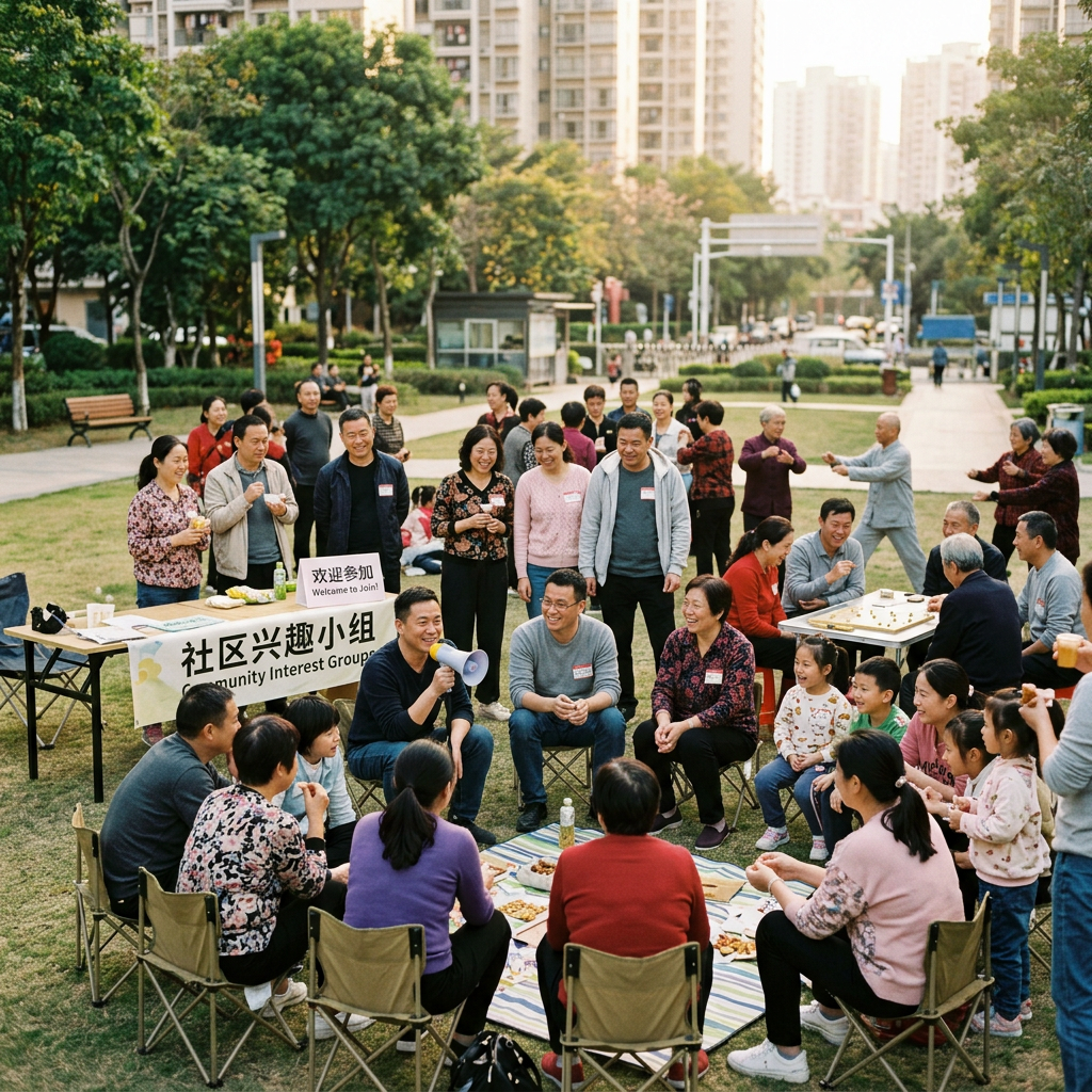 Community group gathered outdoors in a park, socializing and playing games