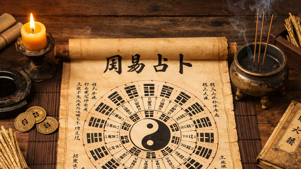 I Ching divination chart with yin-yang symbol and hexagrams on aged scroll