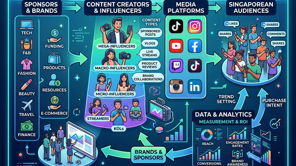 Infographic showing sponsors and brands supporting content creators and influencers, media platforms, and Singaporean audiences with regulation and analytics.