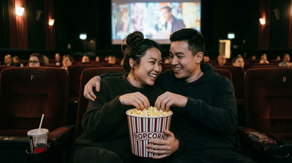 Couple smiling and sharing a large bucket of popcorn in a movie theater