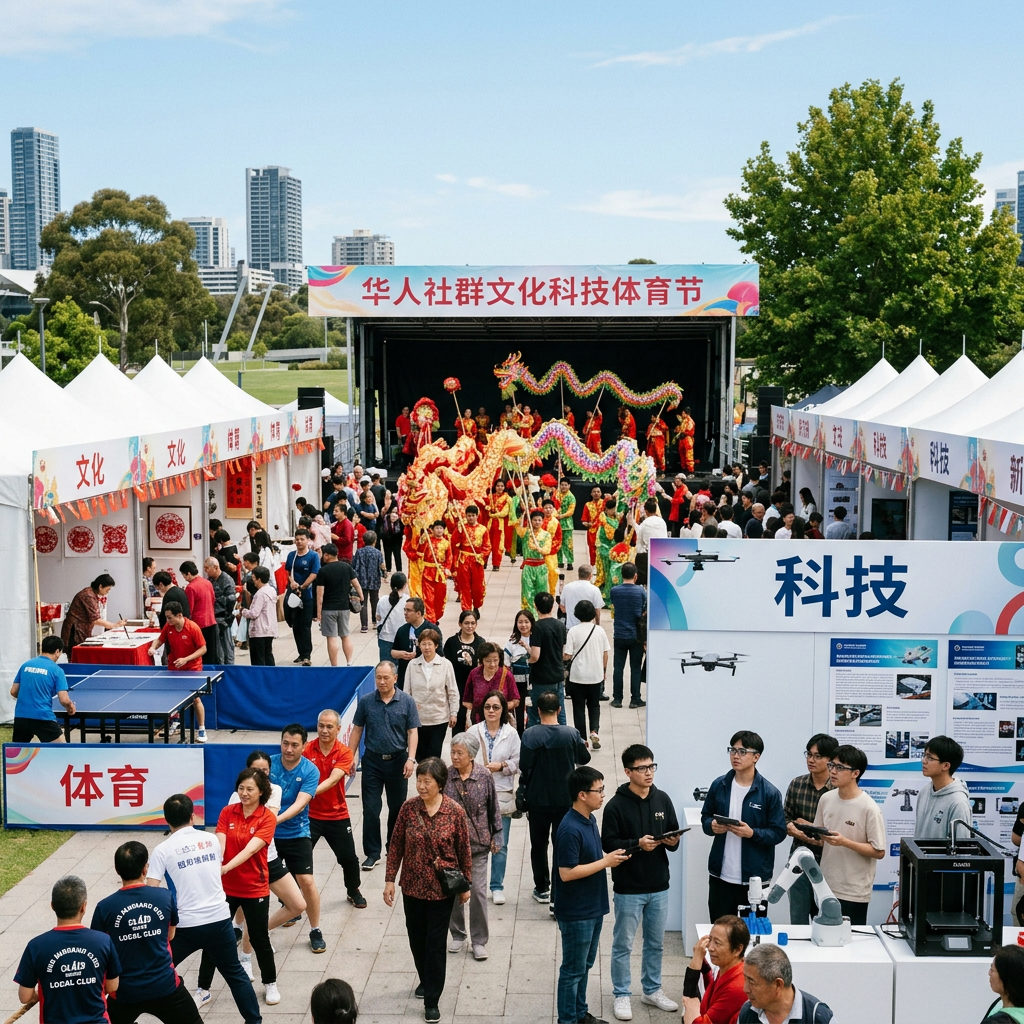 Outdoor Chinese cultural festival with dragon dance, sports, and technology exhibits