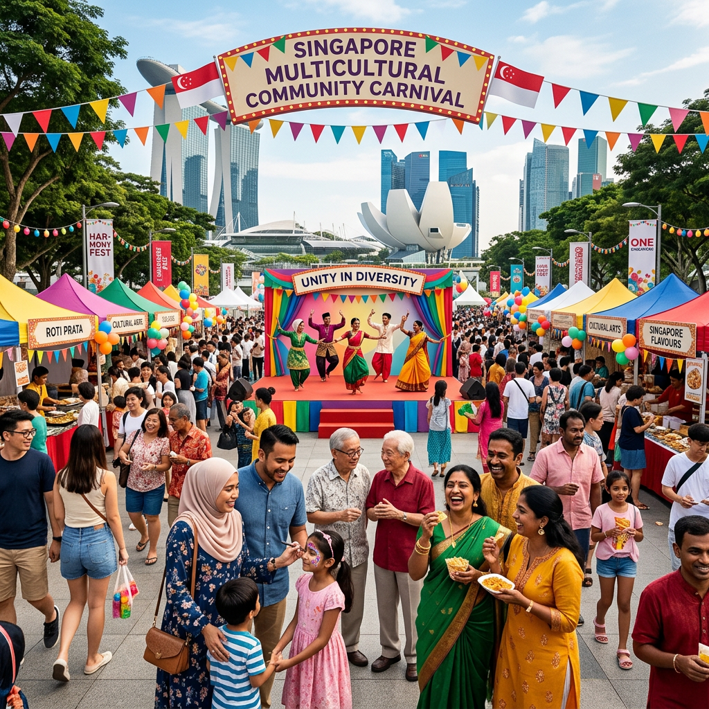 Crowd enjoying multicultural festival with traditional dancers on stage and food stalls