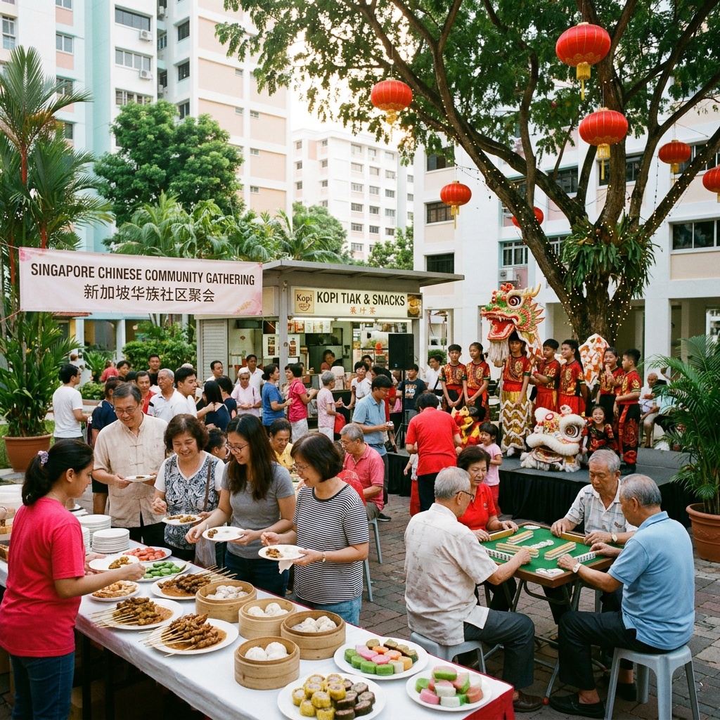 Singapore Chinese community gathering with food, games, and lion dance