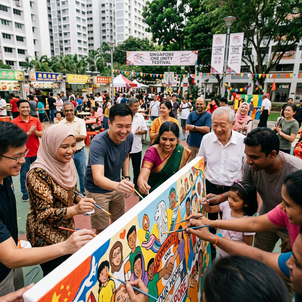 People of different ages and ethnicities painting a vibrant community mural together outdoors