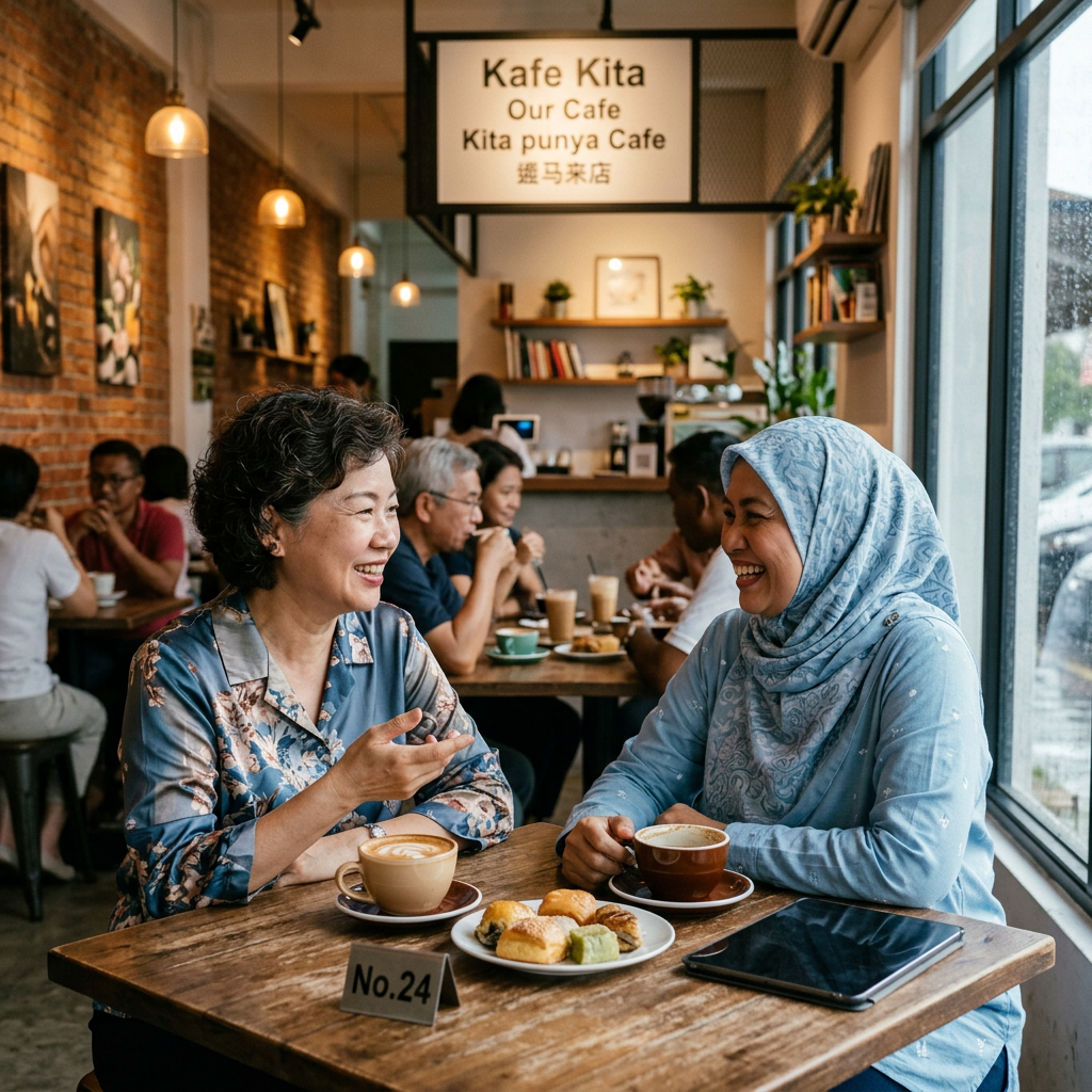 Two women smiling and chatting over coffee and pastries at a cafe table