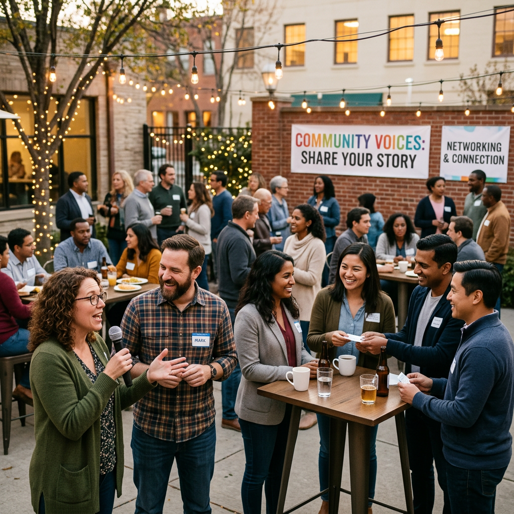 Diverse group of people mingling and exchanging stories at an outdoor community networking event