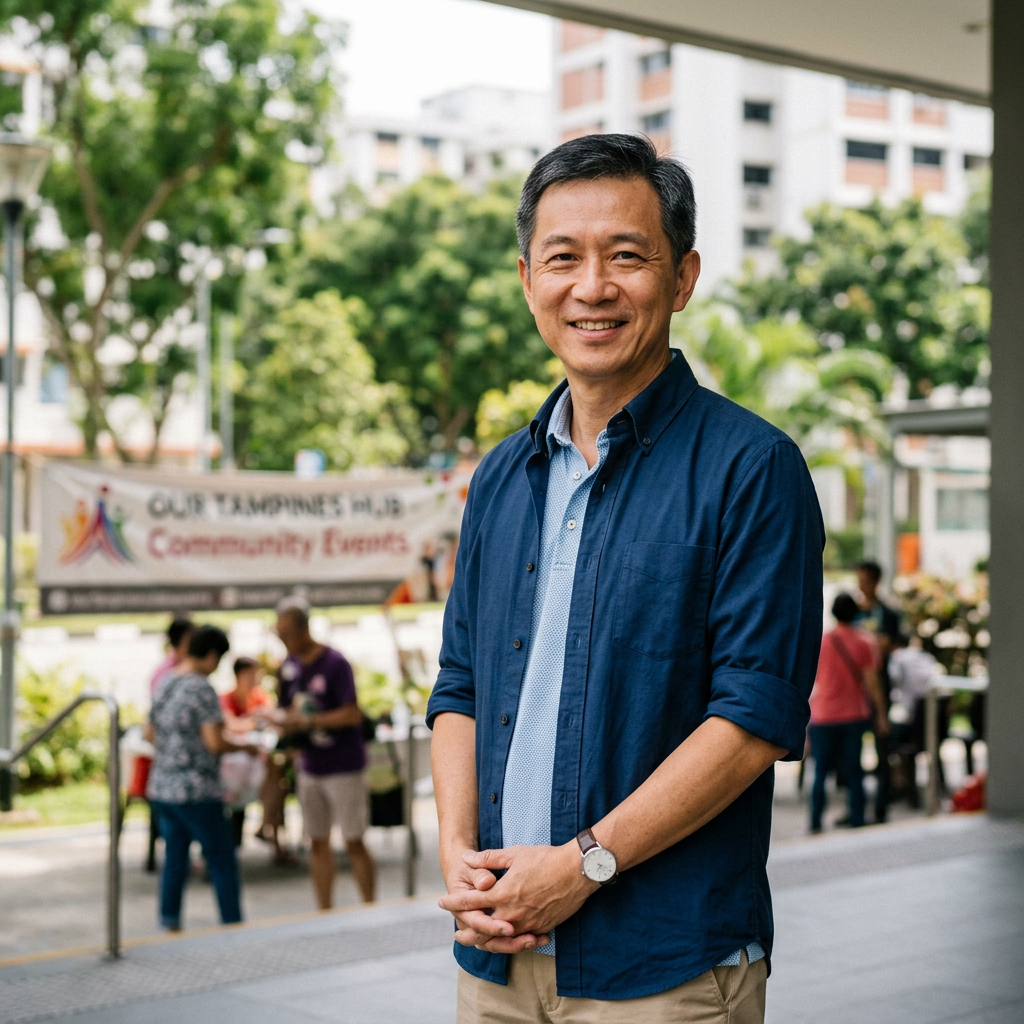 Man smiling and standing outdoors at a community event in Tampines