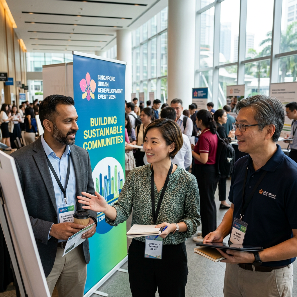 Three professionals discussing urban redevelopment at an event with a banner reading 'Building Sustainable Communities'