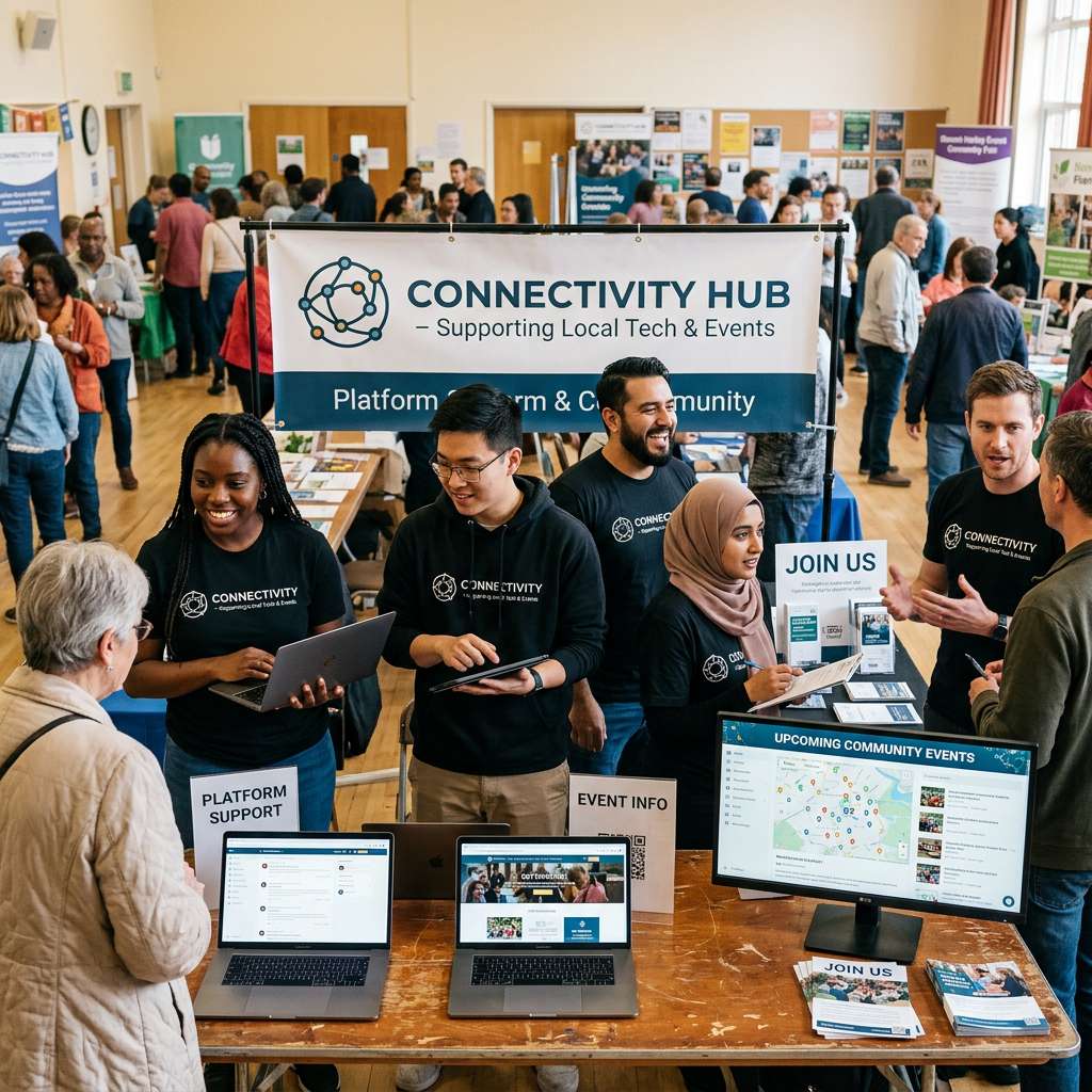 Volunteers at a Connectivity Hub booth engaging visitors with laptops and information about local tech events.
