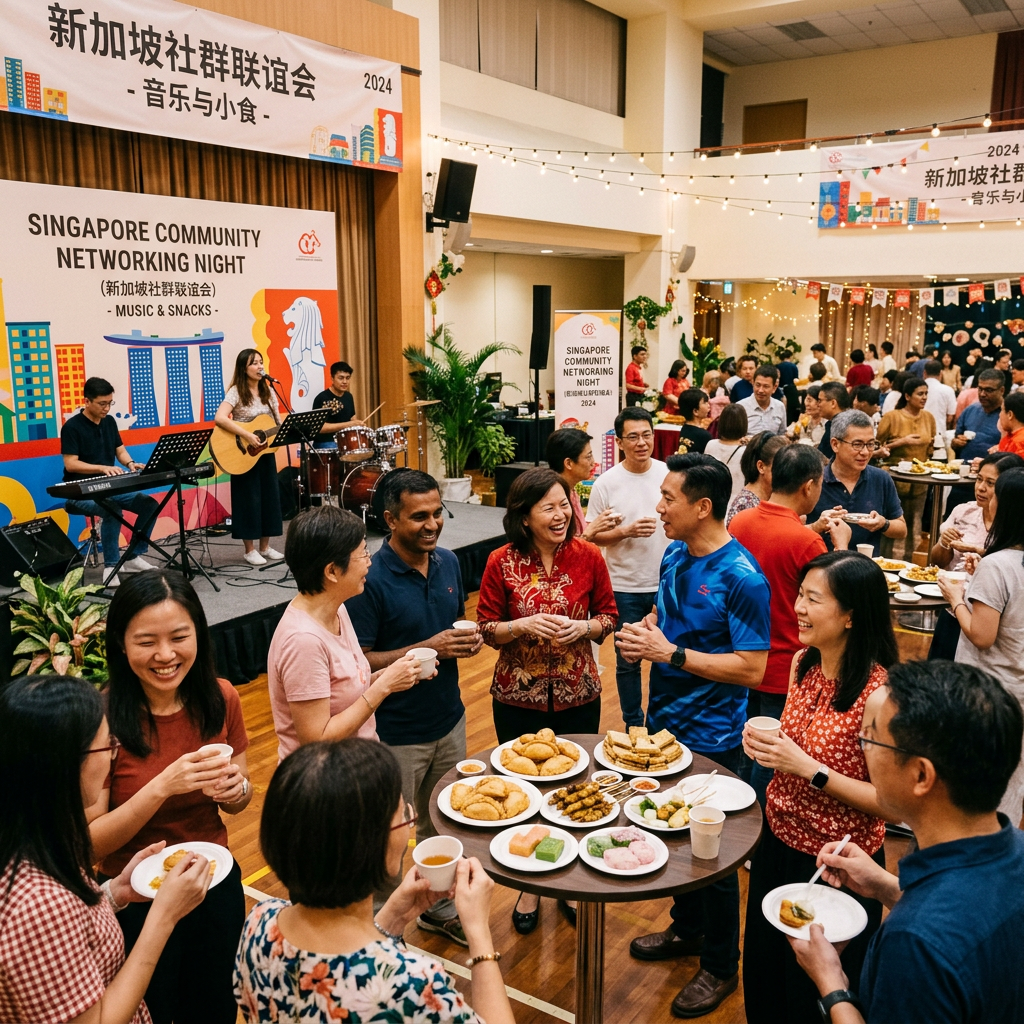 Group of people chatting and enjoying snacks at a Singapore community networking event with live band playing