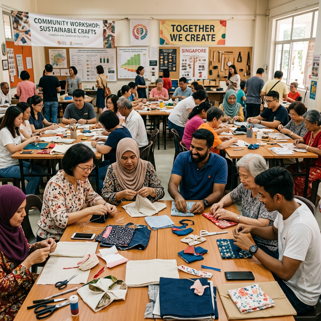 People of various ages and ethnicities seated at tables making sustainable crafts with fabrics and tools