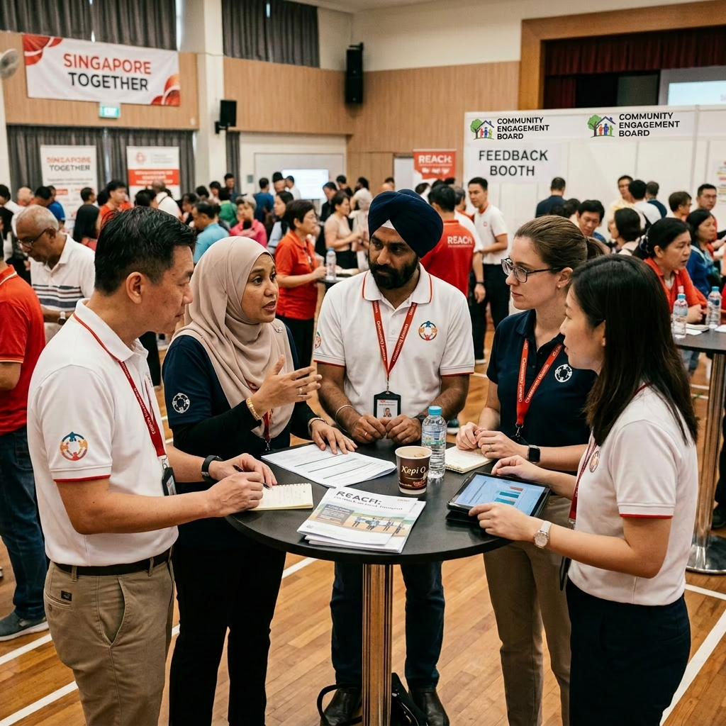 People gathered around a table discussing community engagement in a hall