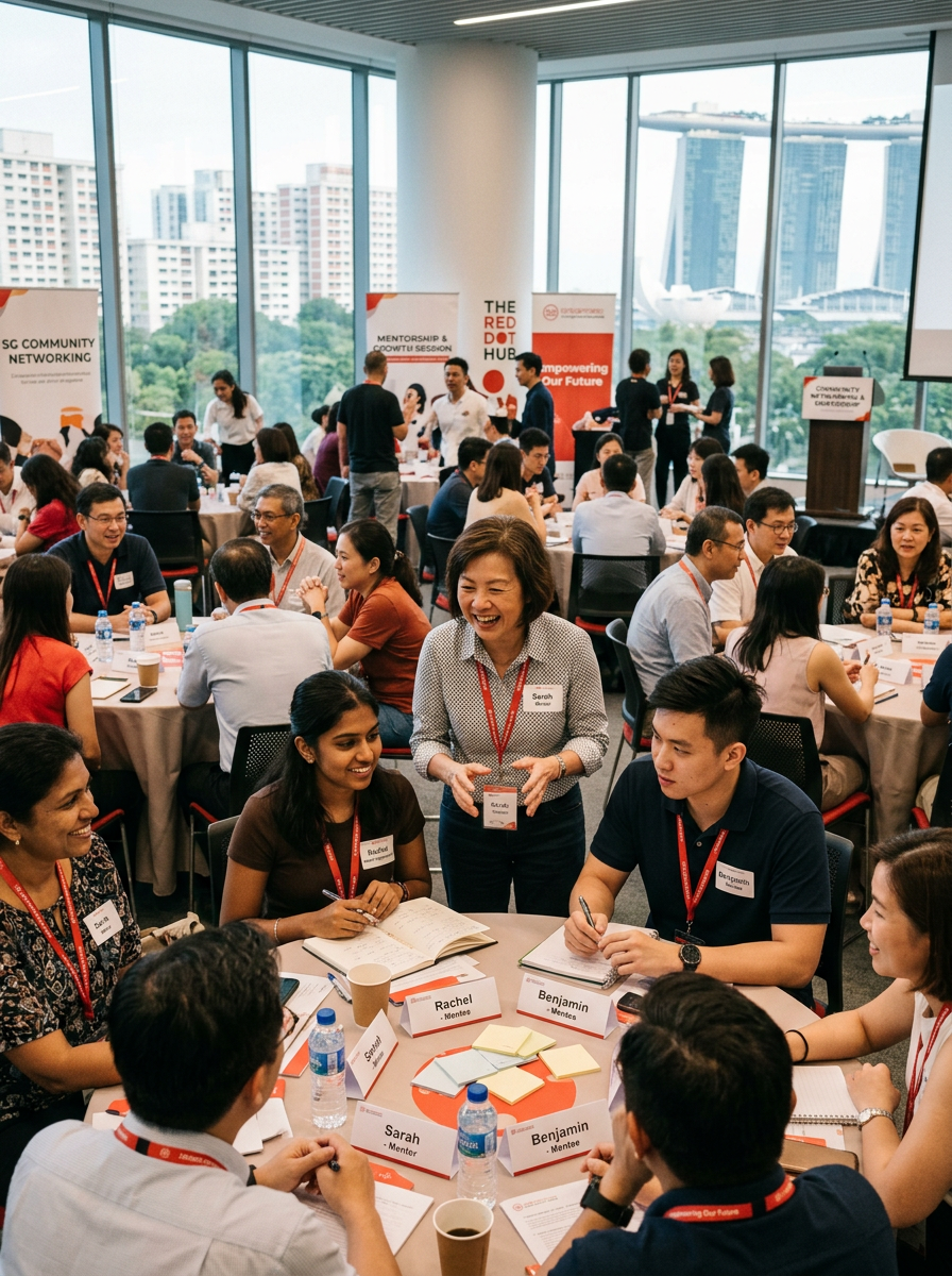 A group of professionals gathered around a table engaged in a mentoring discussion with name tags and notebooks