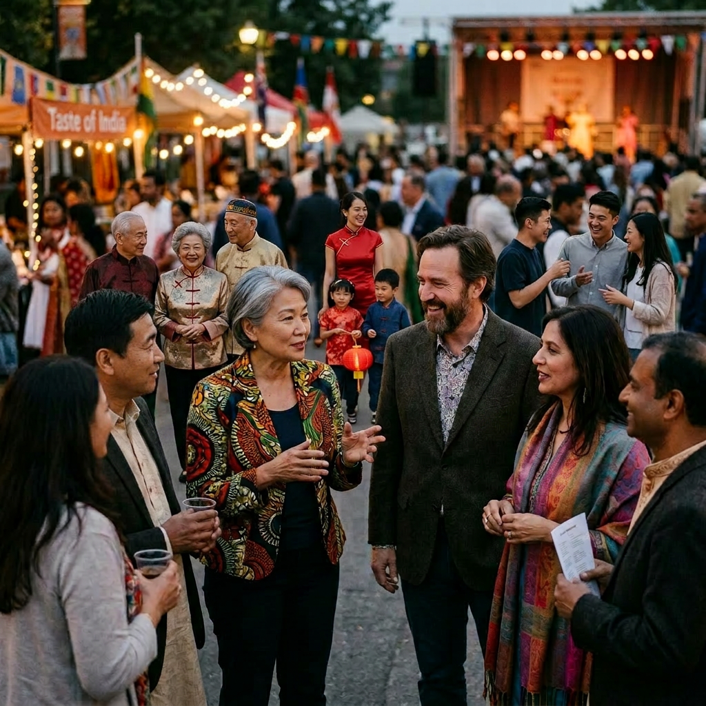 Group of people socializing at an outdoor multicultural festival with colorful clothing and lights