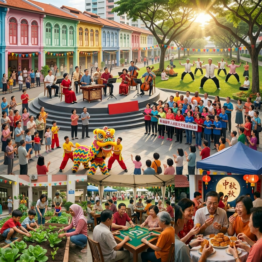 Collage of Asian community practicing tai chi, calligraphy, mahjong, lion dance, group portrait, gardening, music, group event, and sharing mooncakes