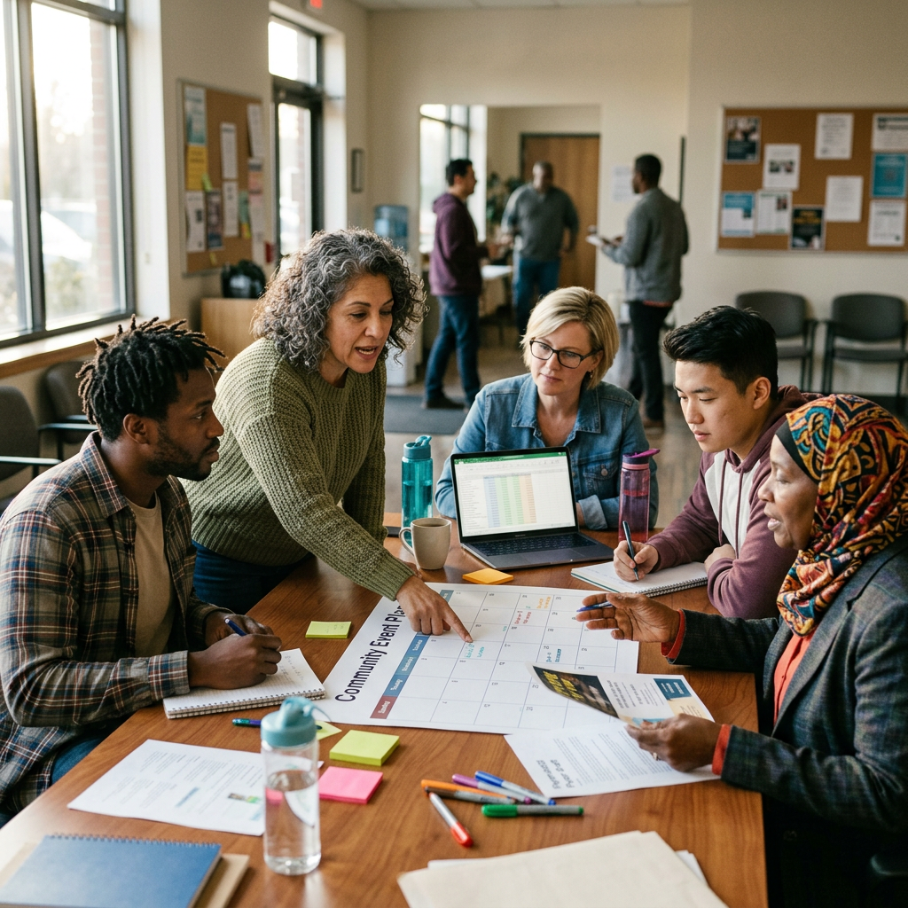 Five people discussing and planning community events around a large calendar on a table