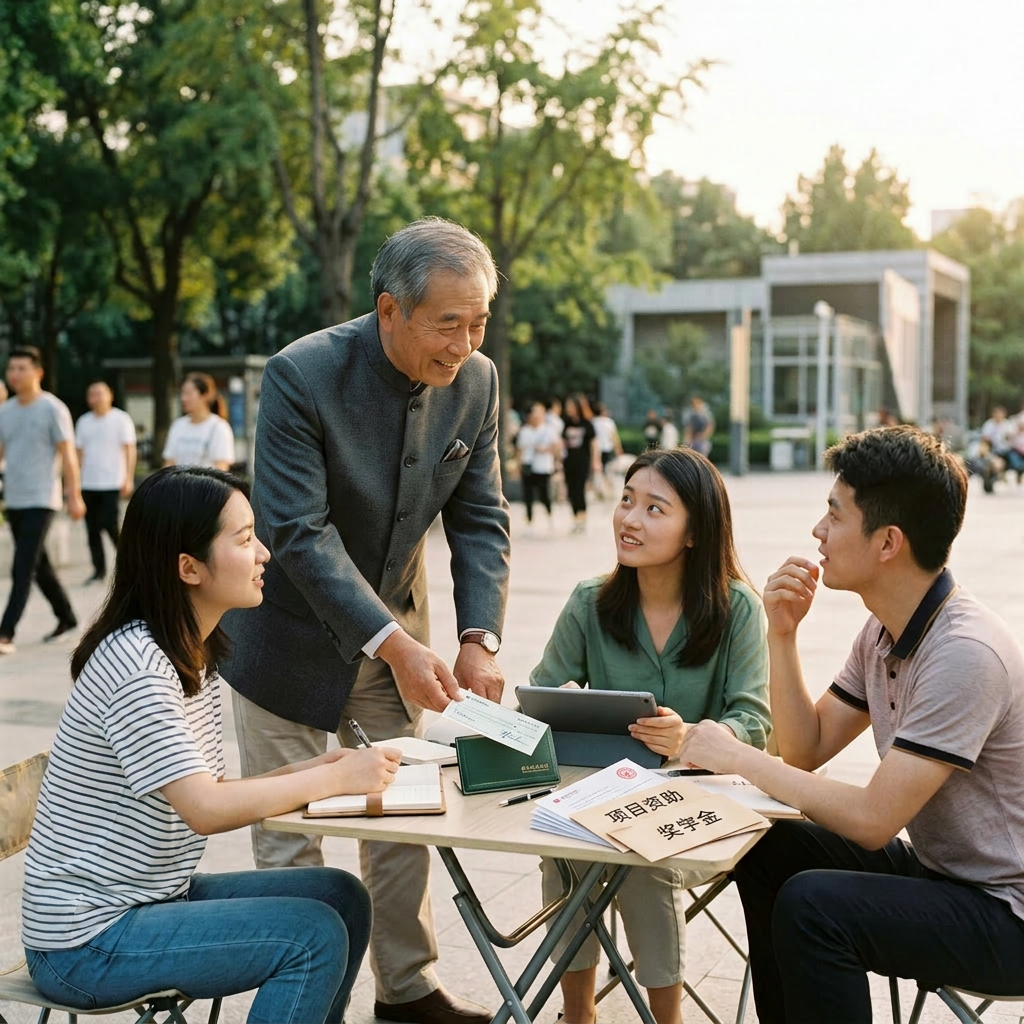 Elderly man giving documents to three students sitting at a table outdoors