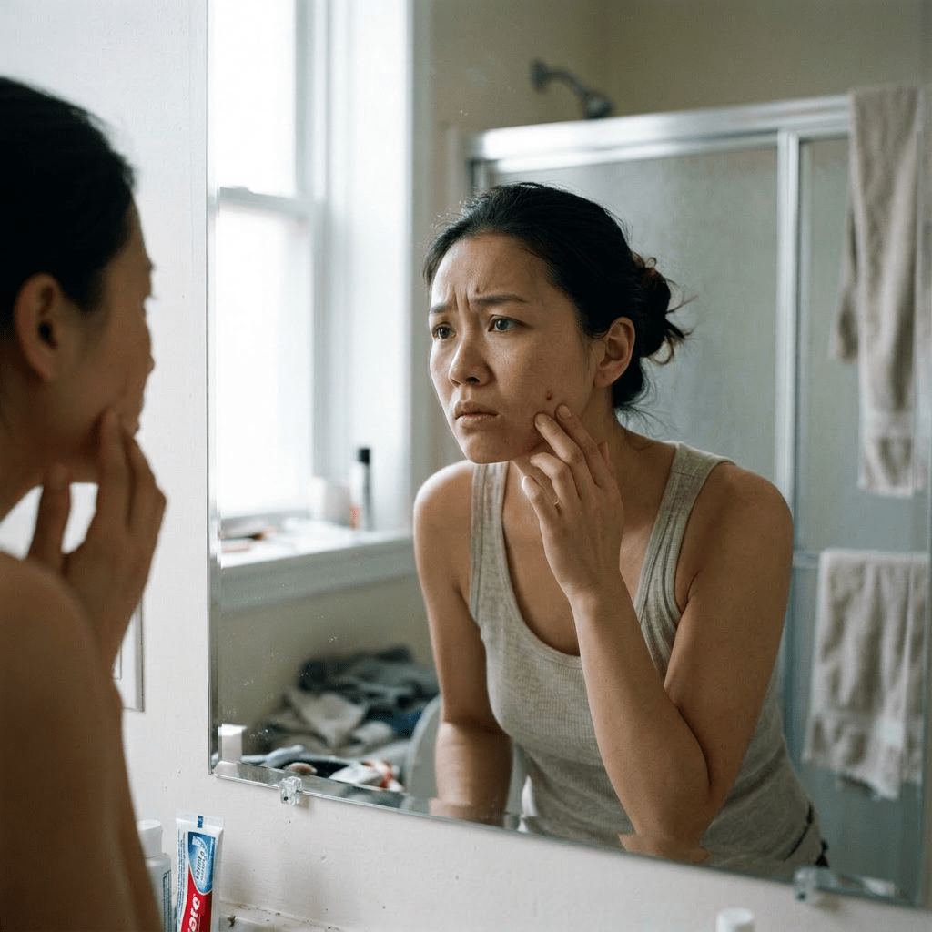 Woman touching face and examining skin in bathroom mirror