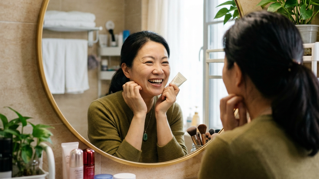Woman smiling applying skincare product in bathroom mirror