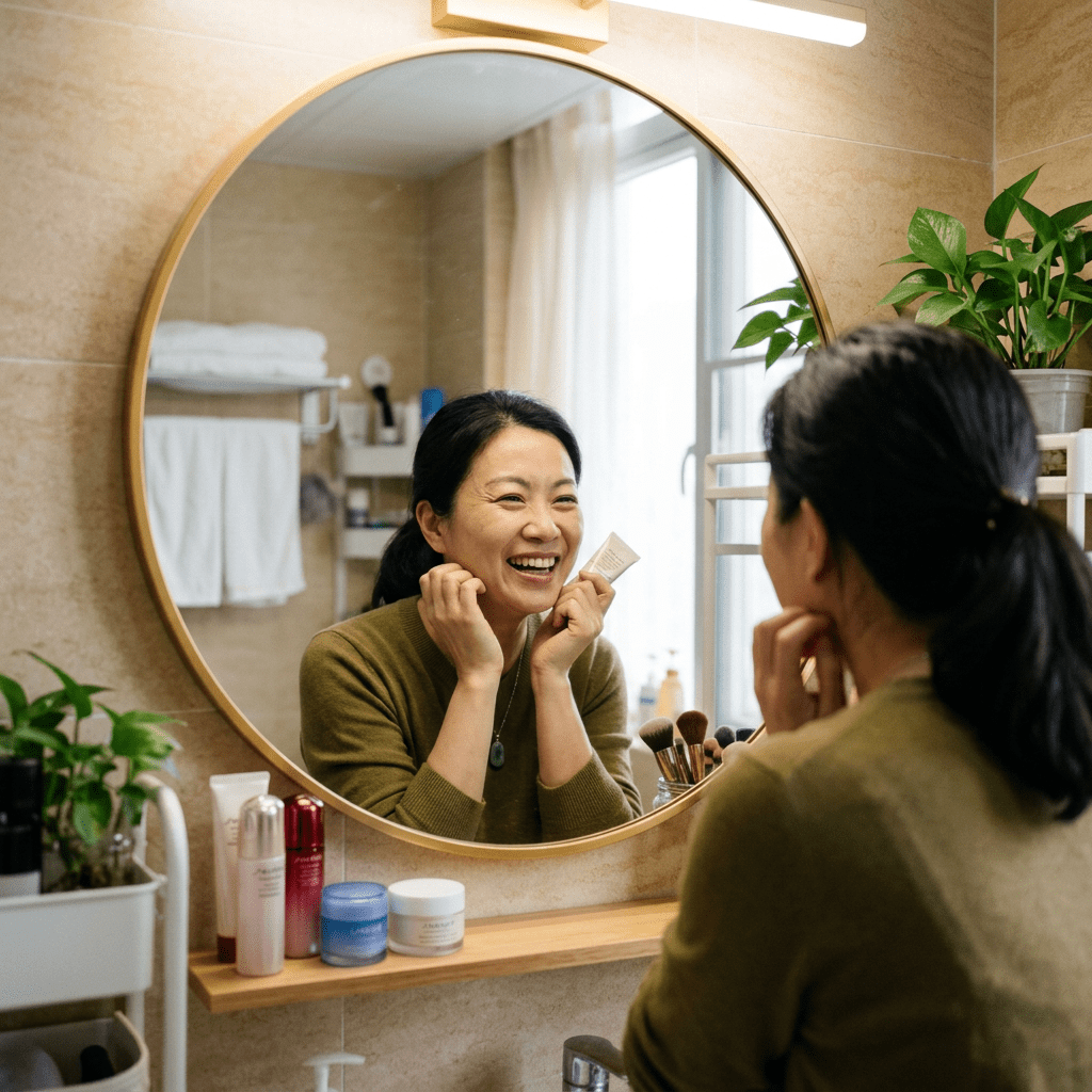 Woman smiling applying skincare product in bathroom mirror