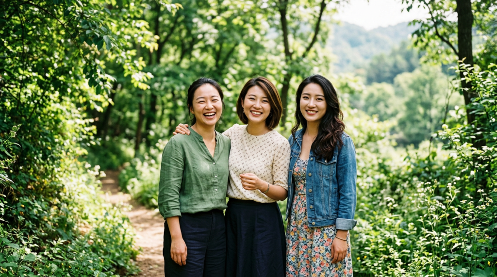 Three women standing on a forest path smiling and posing for a photo