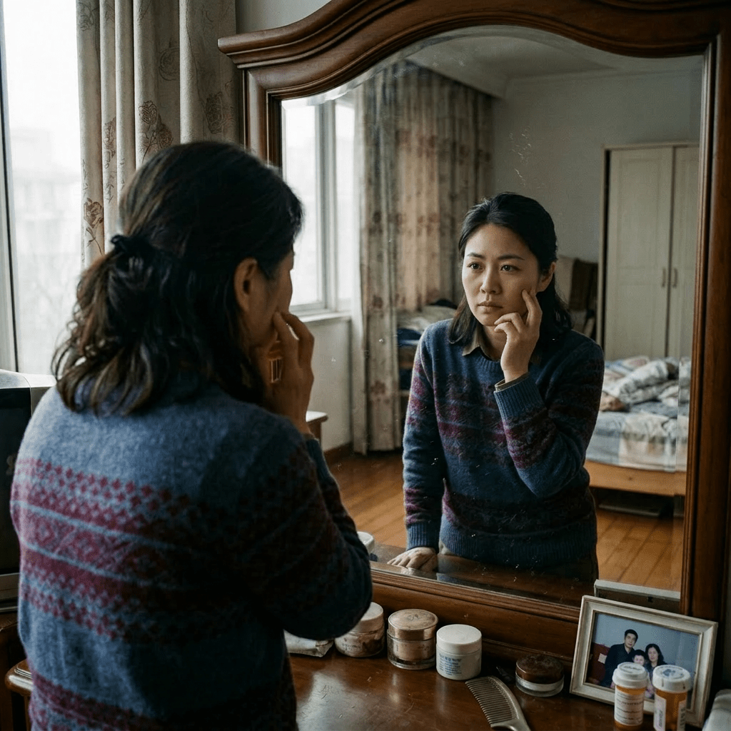Middle-aged woman examining her face in a mirror with a concerned expression.