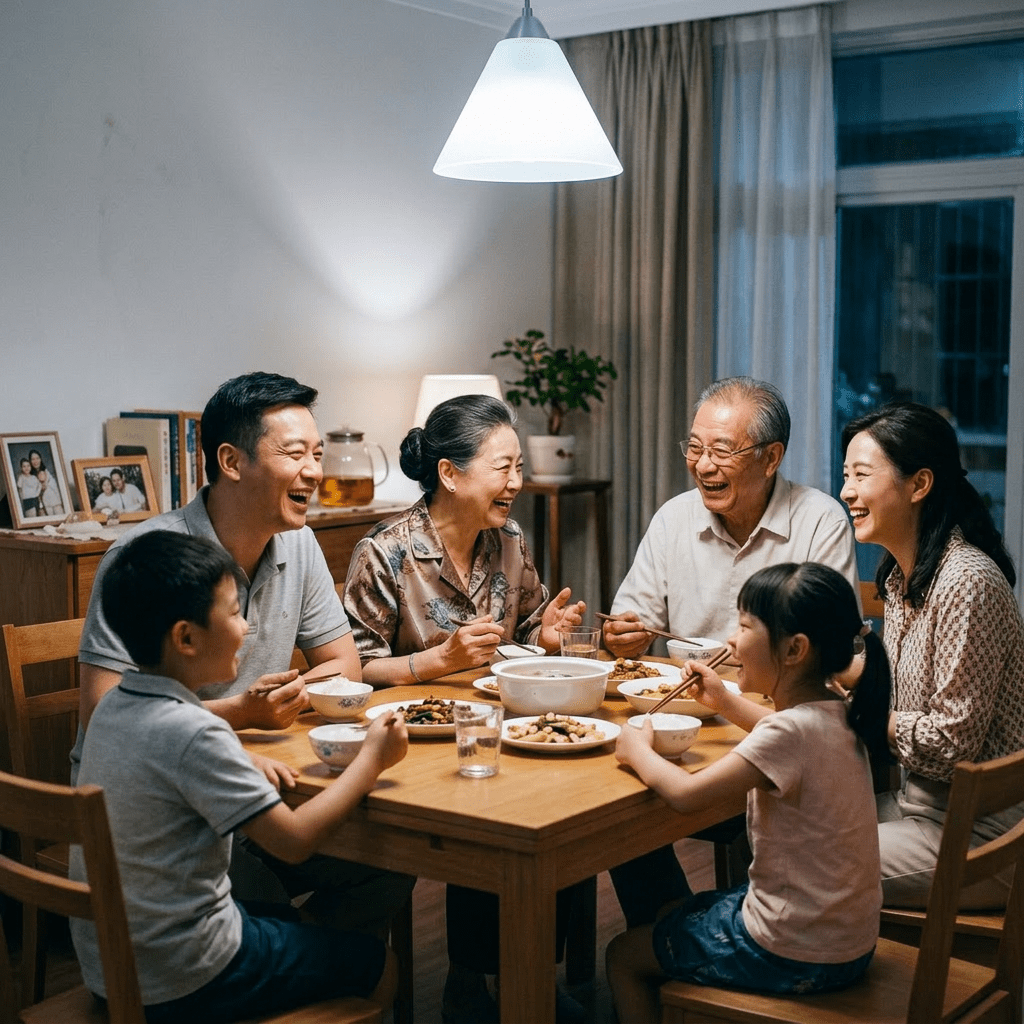 Six family members eating dinner and laughing around a wooden table