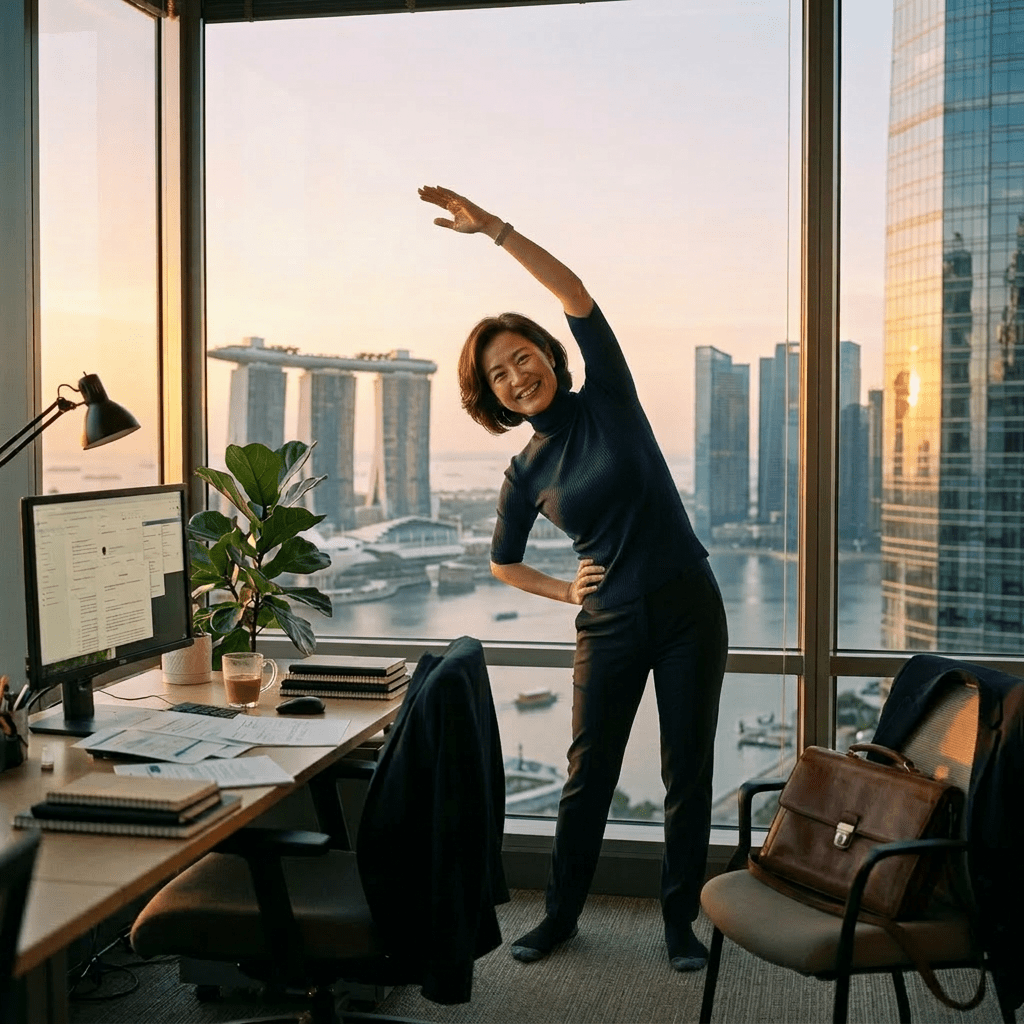 Man stretching beside large office window overlooking city and waterfront