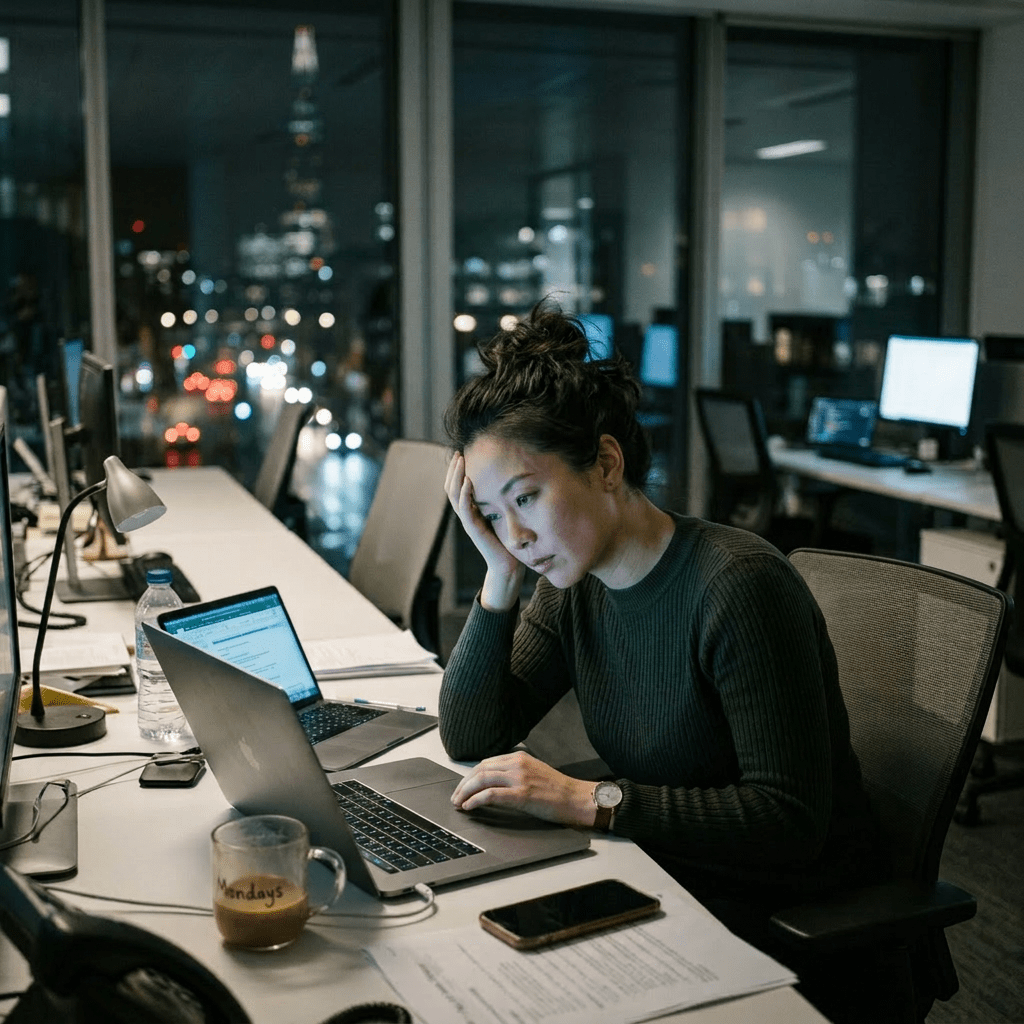 Woman looking tired working on laptop at office desk at night