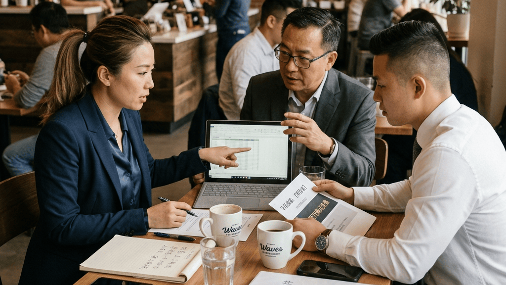 Three professionals discussing documents and laptop data at a café table